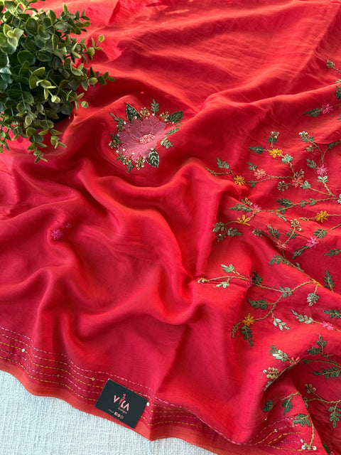 Hand emb mul chanderi saree