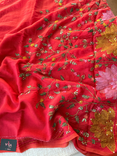 Hand emb mul chanderi saree