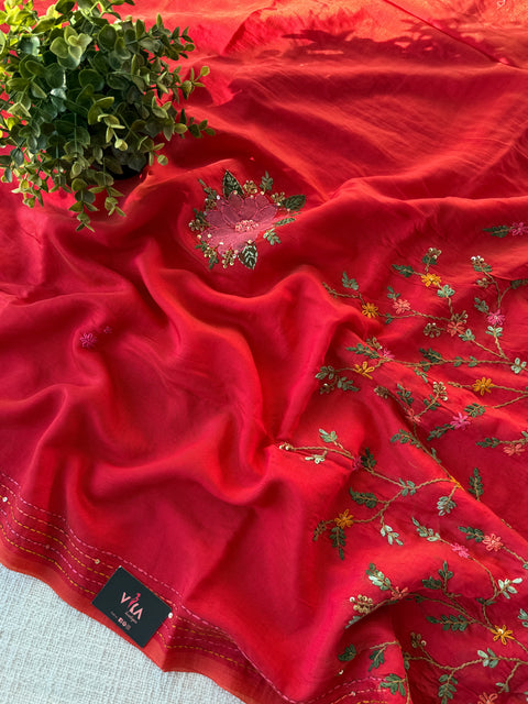 Hand emb mul chanderi saree