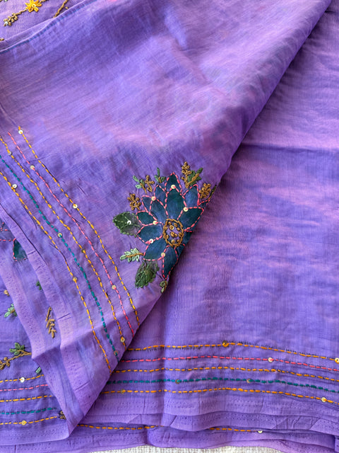 Hand emb mul chanderi saree