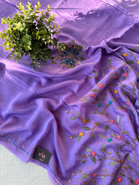 Hand emb mul chanderi saree