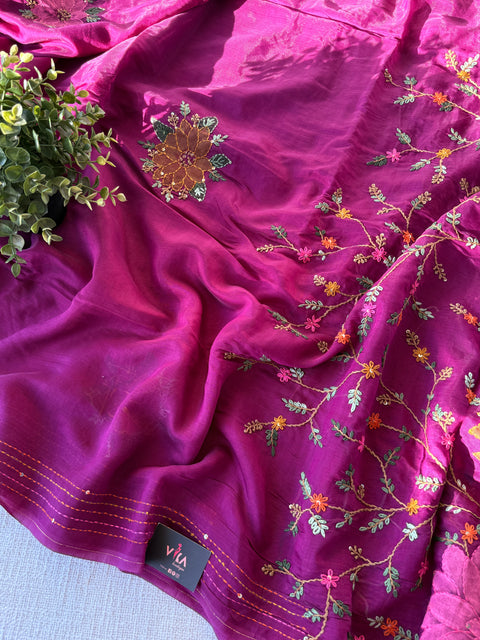 Hand emb mul chanderi saree