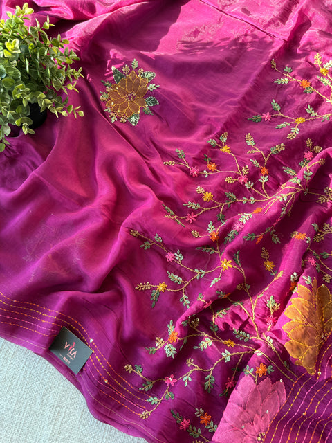 Hand emb mul chanderi saree