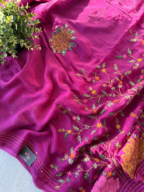 Hand emb mul chanderi saree