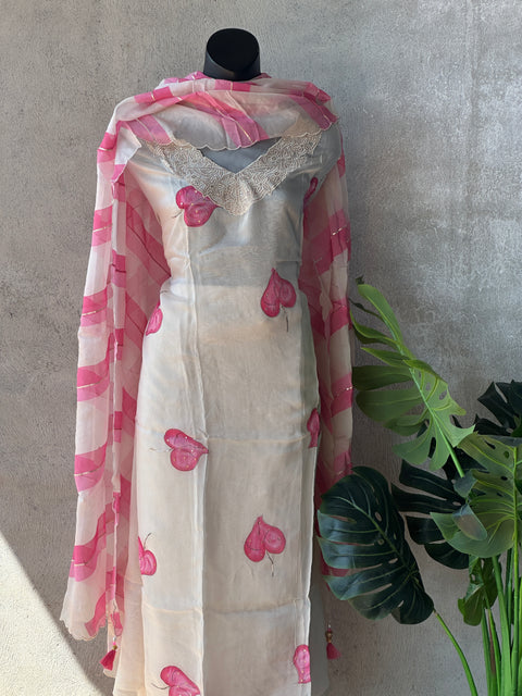 Pink leaf organza salwar material