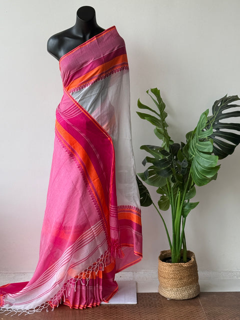 Vikhadi White pink cotton saree