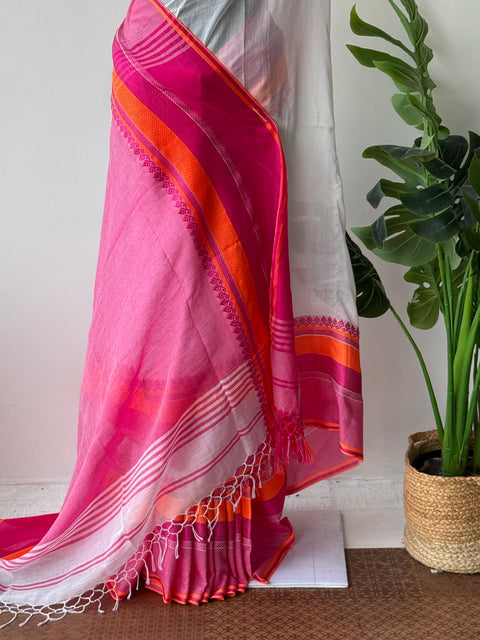 Vikhadi White pink cotton saree