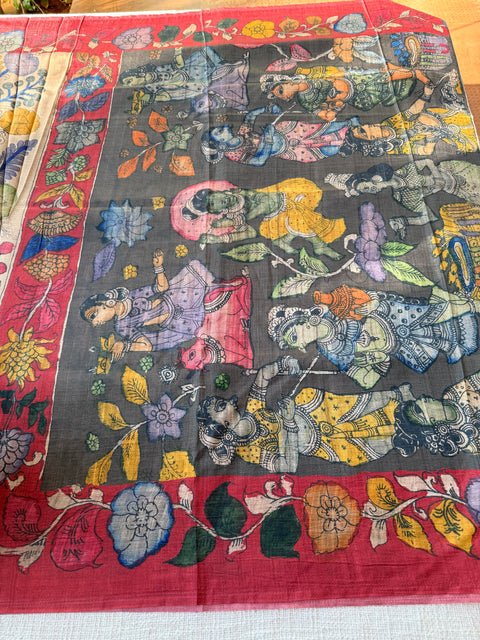 Kalamkari printed satin crepe saree