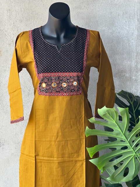 Neck patch Pure cotton kurti - Musturd