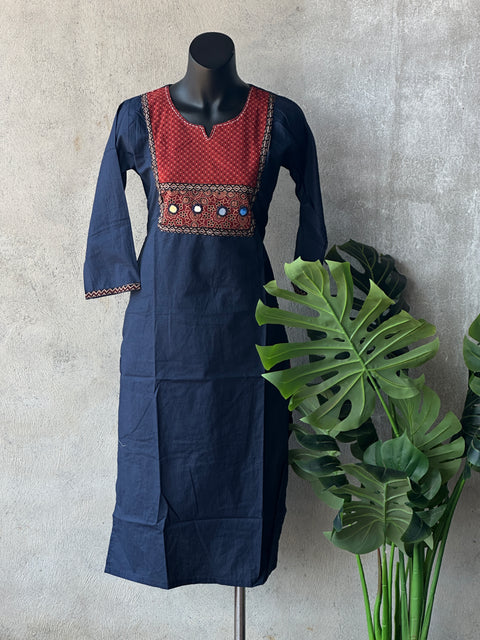 Neck patch Pure cotton kurti - Navy