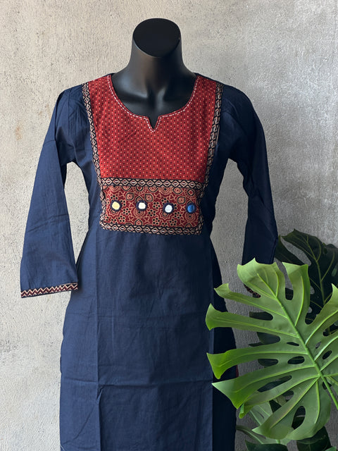 Neck patch Pure cotton kurti - Navy