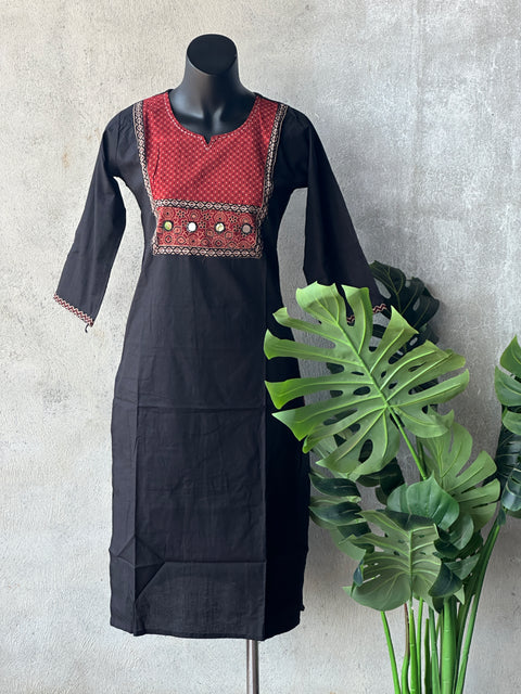 Neck patch Pure cotton kurti - Black