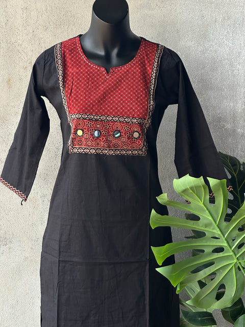 Neck patch Pure cotton kurti - Black