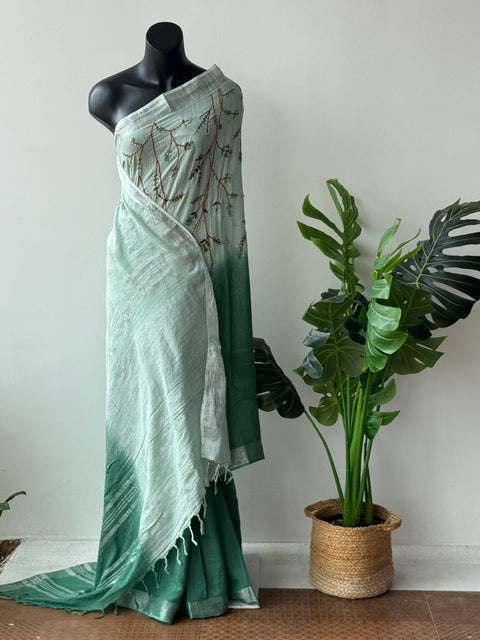 Emb half and half soft linen saree