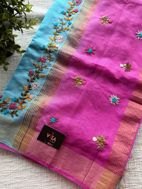 Shaded Hand emb 2D Linen cotton saree