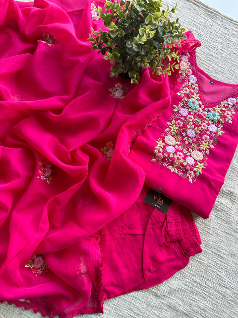 Fuschia pink Neck emb organza ready suit set