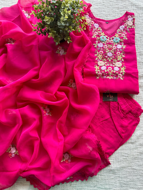 Fuschia pink Neck emb organza ready suit set