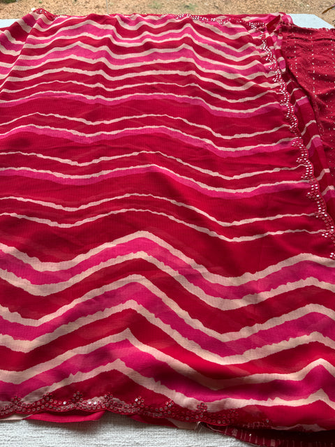 Pink zigzag printed georgette saree