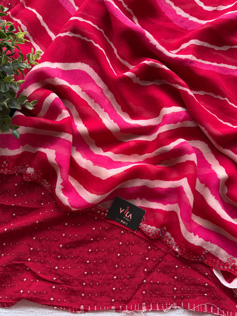 Pink zigzag printed georgette saree