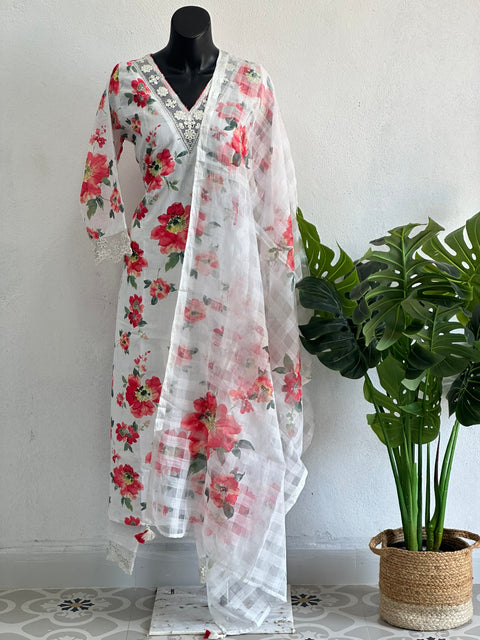 Red Floral printed linen cotton ready suit set