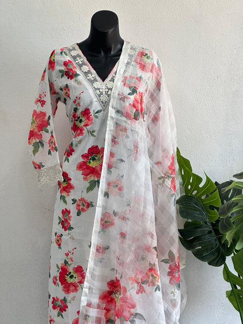 Red Floral printed linen cotton ready suit set