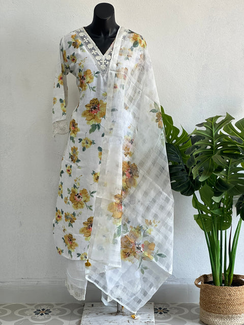 Yellow Floral printed linen cotton ready suit set