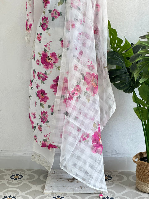 Pink Floral printed linen cotton ready suit set