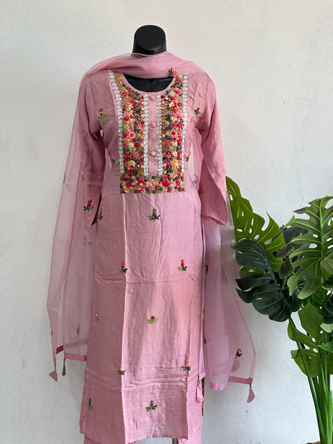 French knot emb Dola silk suit set