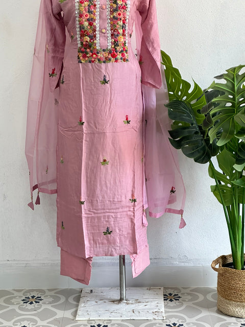 French knot emb Dola silk suit set