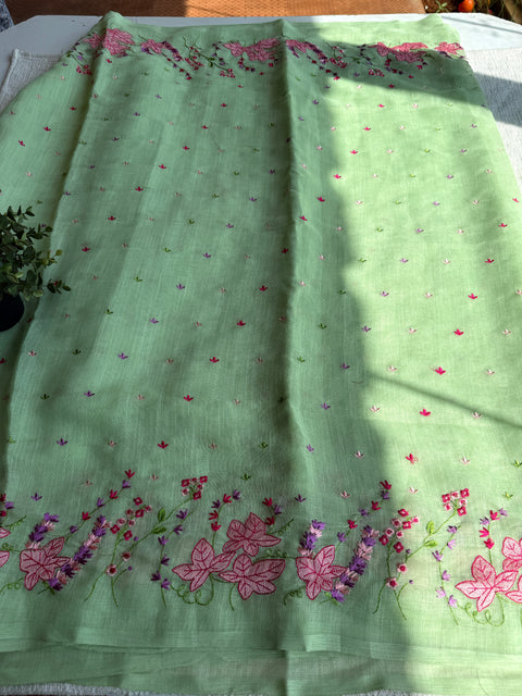 Kana machine emb linen cotton saree