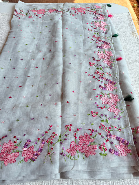 Kana machine emb linen cotton saree