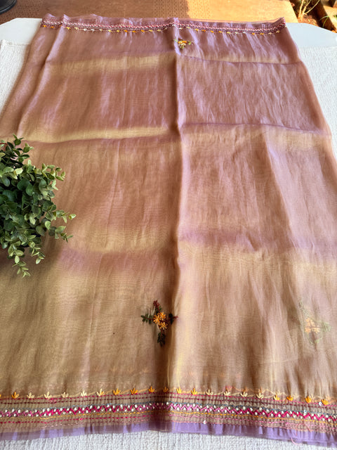 Hand emb shimmer Tissue saree