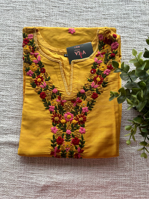 Yellow Hand embroidery silk cotton kurti