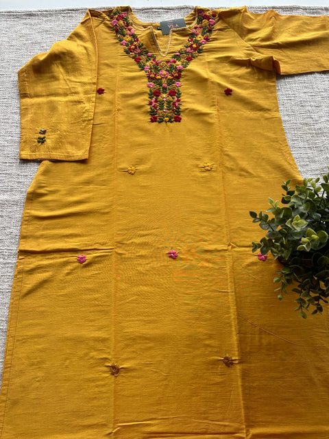 Yellow Hand embroidery silk cotton kurti