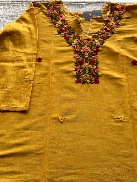 Yellow Hand embroidery silk cotton kurti