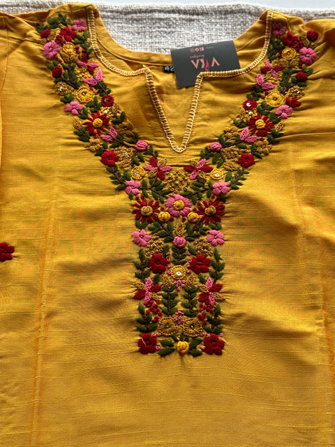 Yellow Hand embroidery silk cotton kurti