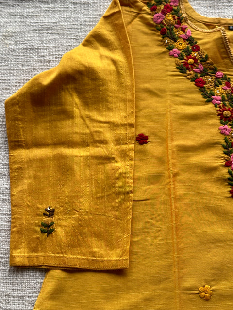 Yellow Hand embroidery silk cotton kurti