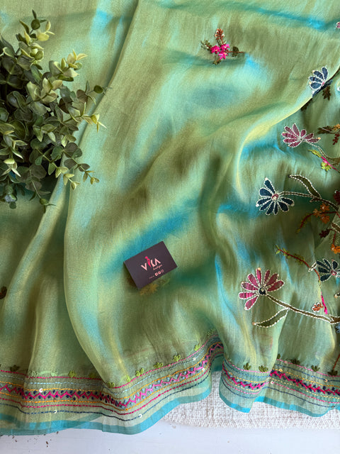 Hand emb shimmer Tissue saree