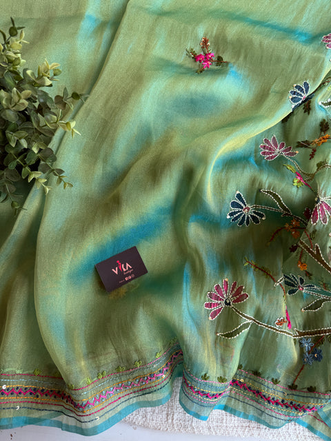 Hand emb shimmer Tissue saree