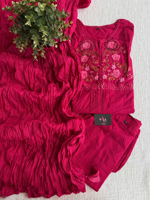 Neck hand emb work cotton suit set - Pink