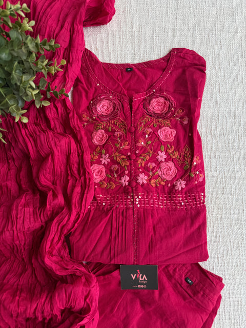 Neck hand emb work cotton suit set - Pink