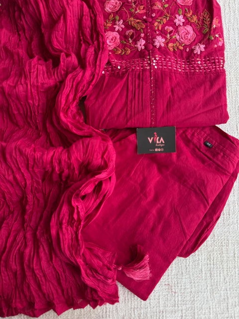 Neck hand emb work cotton suit set - Pink