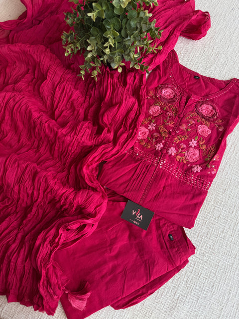 Neck hand emb work cotton suit set - Pink