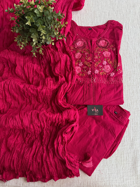Neck hand emb work cotton suit set - Pink