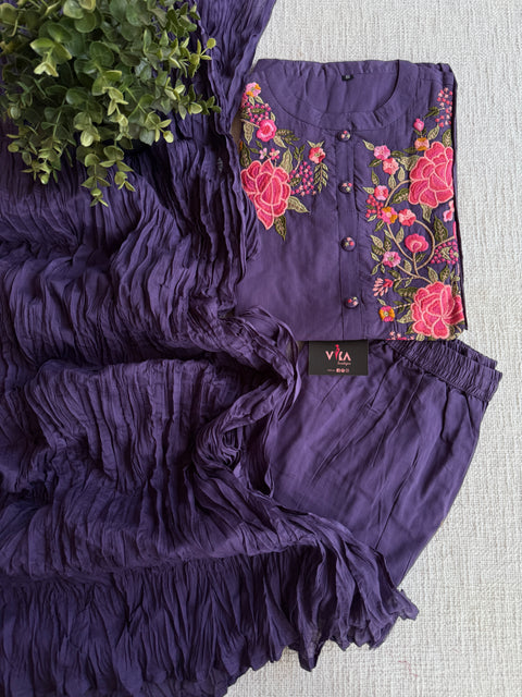 Neck hand emb work cotton suit set - Purple