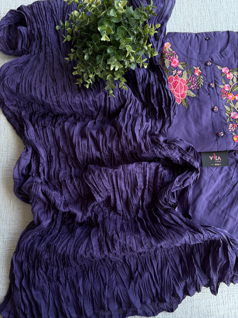 Neck hand emb work cotton suit set - Purple