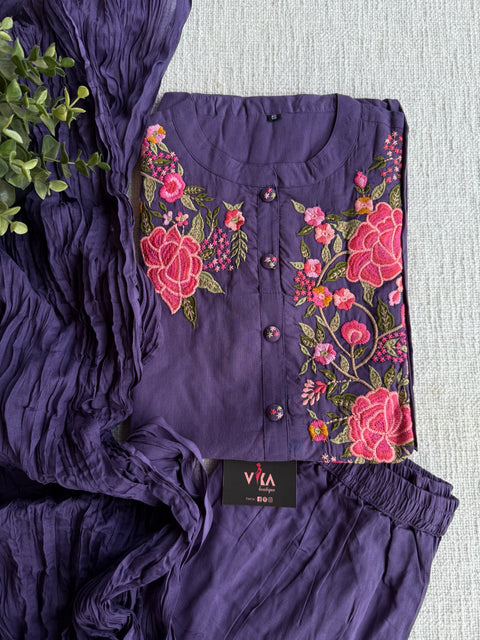 Neck hand emb work cotton suit set - Purple
