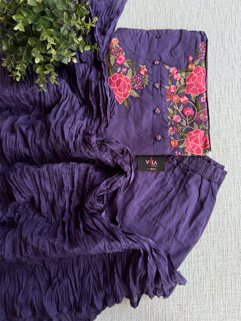 Neck hand emb work cotton suit set - Purple