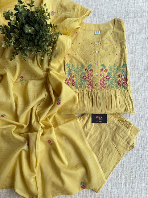 Light yellow emb cotton suit set