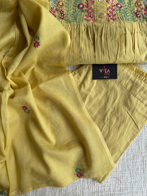 Light yellow emb cotton suit set